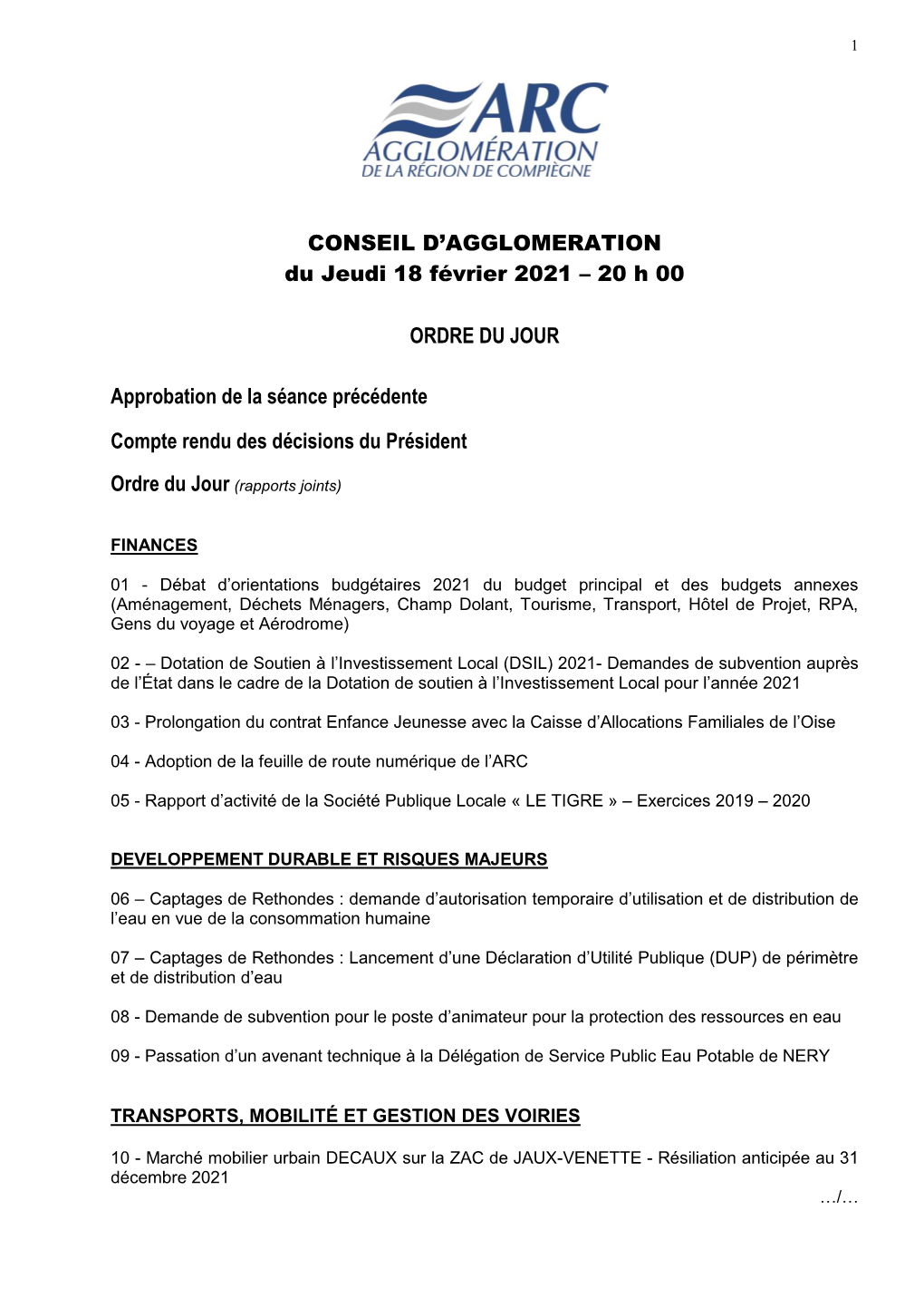 CONSEIL D'agglomeration Du Jeudi 18