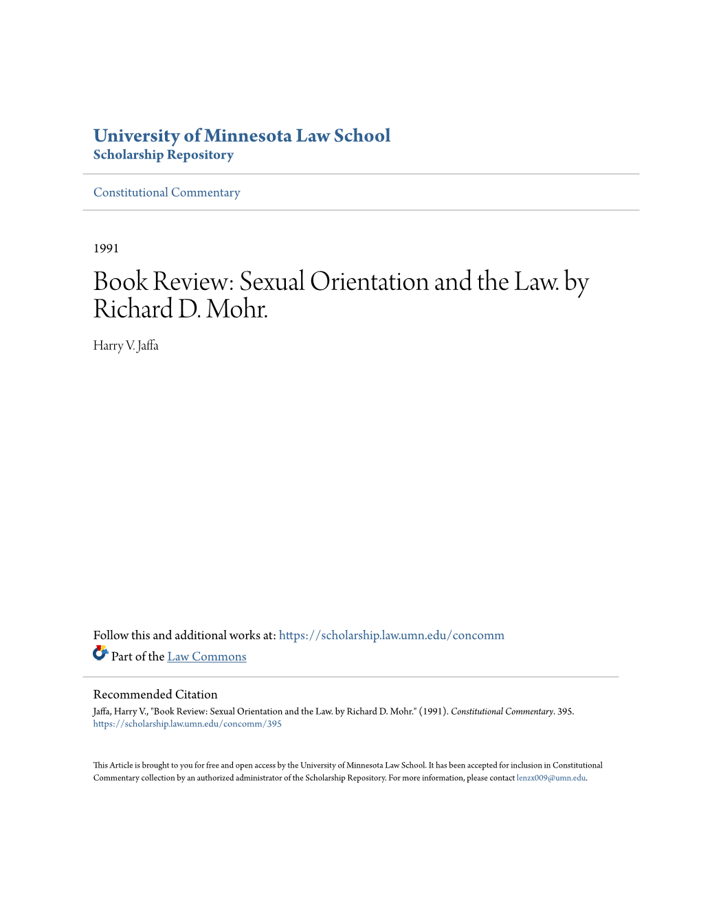 Sexual Orientation and the Law. by Richard D. Mohr. Harry V