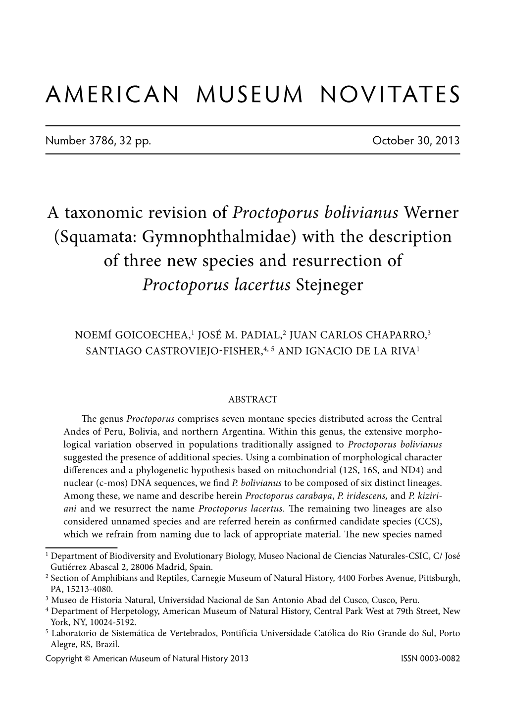 Proctoporus Bolivianus Werner (Squamata: Gymnophthalmidae) with the Description of Three New Species and Resurrection of Proctoporus Lacertus Stejneger