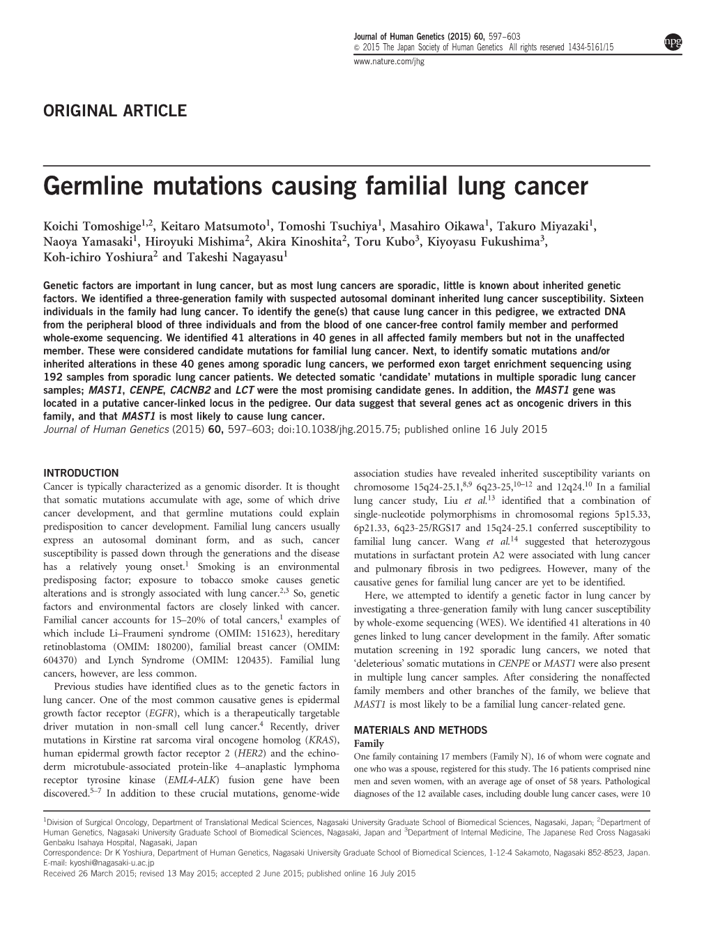 Germline Mutations Causing Familial Lung Cancer