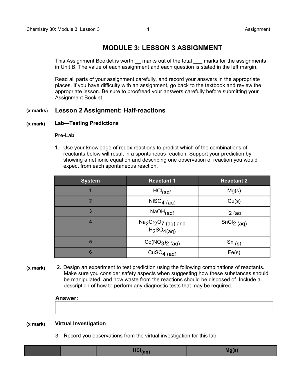 Chemistry 30: Module 3: Lesson 3 1 Assignment
