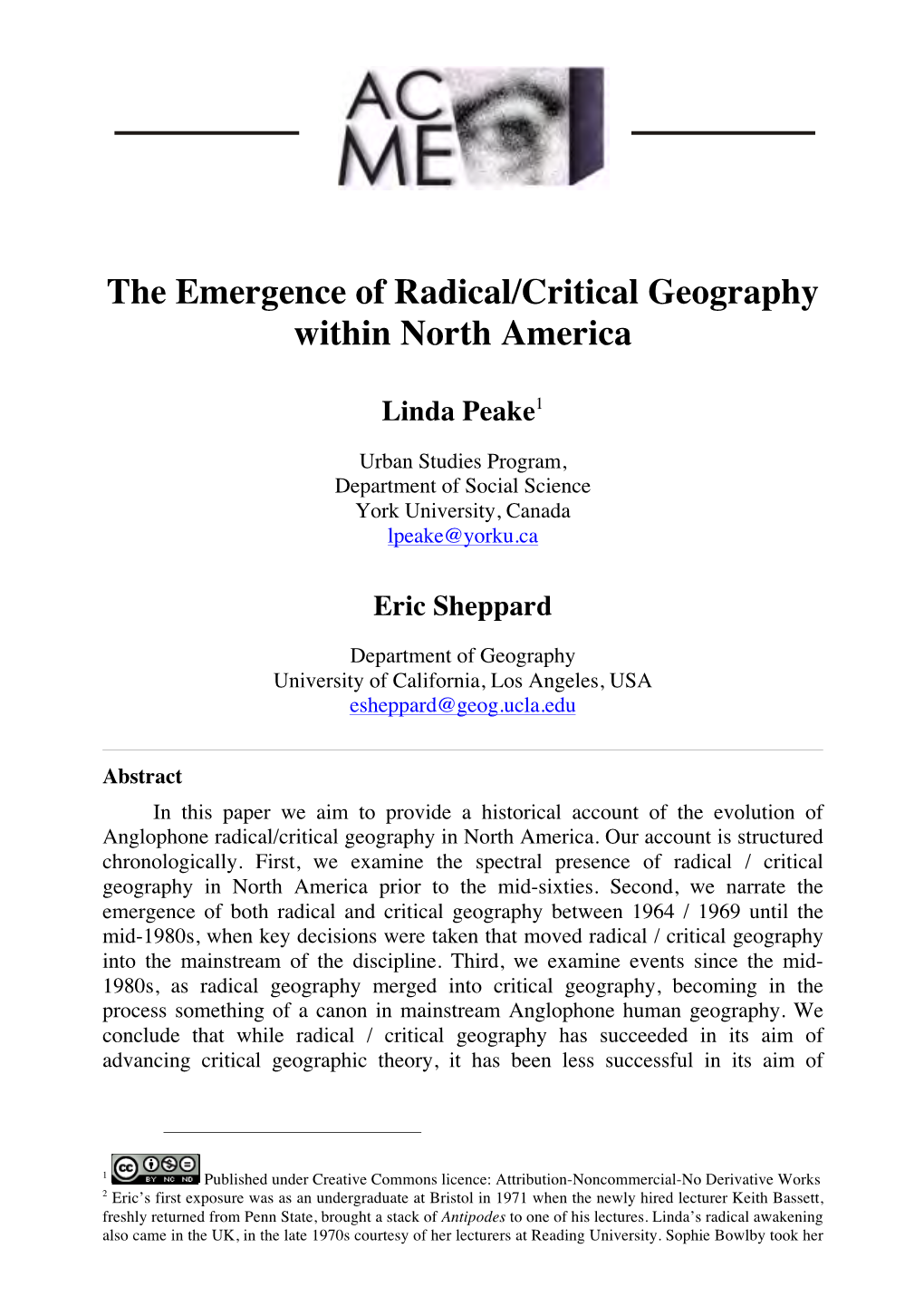 The Emergence of Radical/Critical Geography Within North America