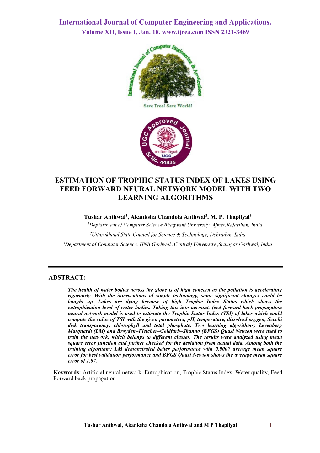 Estimation of Trophic Status Index of Lakes Using Feed Forward Neural Network Model with Two Learning Algorithms