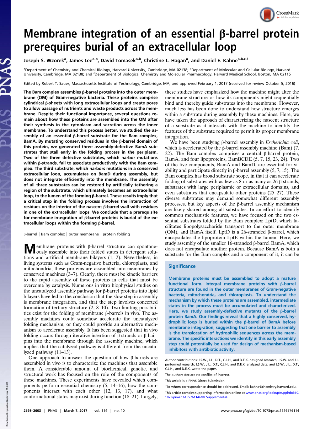 Membrane Integration of an Essential Β-Barrel Protein Prerequires Burial of an Extracellular Loop