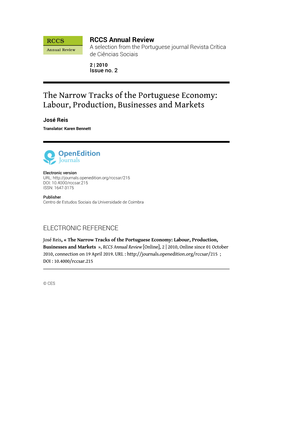 The Narrow Tracks of the Portuguese Economy: Labour, Production, Businesses and Markets