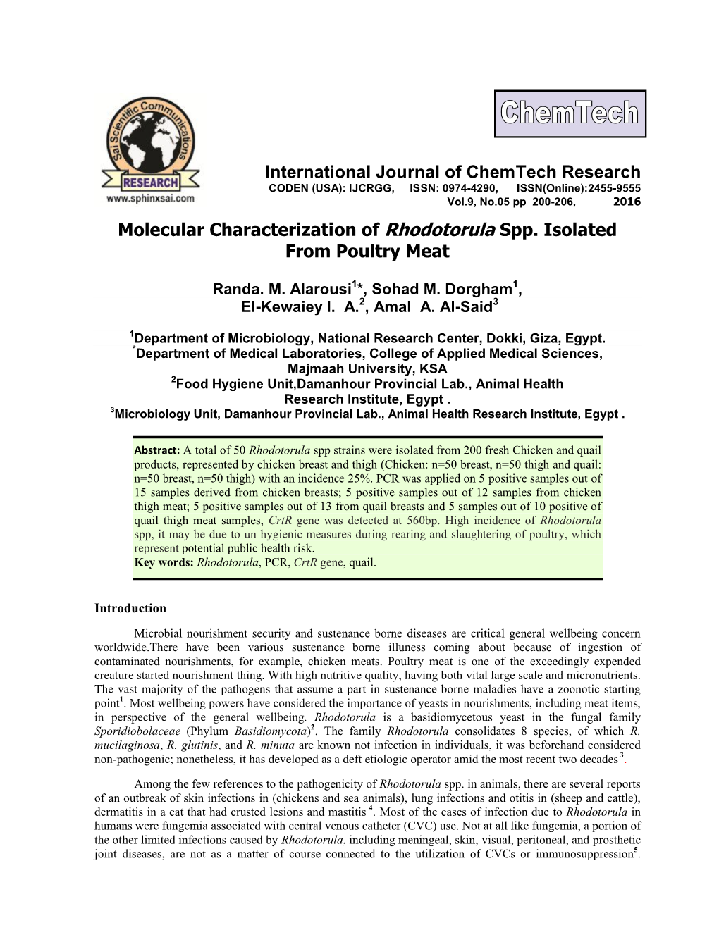 Molecular Characterization of Rhodotorula Spp. Isolated from Poultry Meat