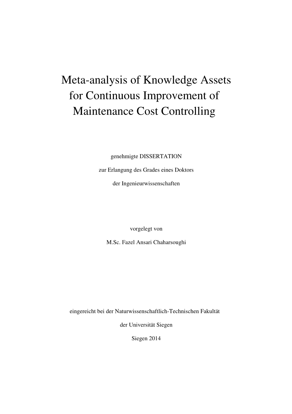 Meta-Analysis of Knowledge Assets for Continuous Improvement of Maintenance Cost Controlling