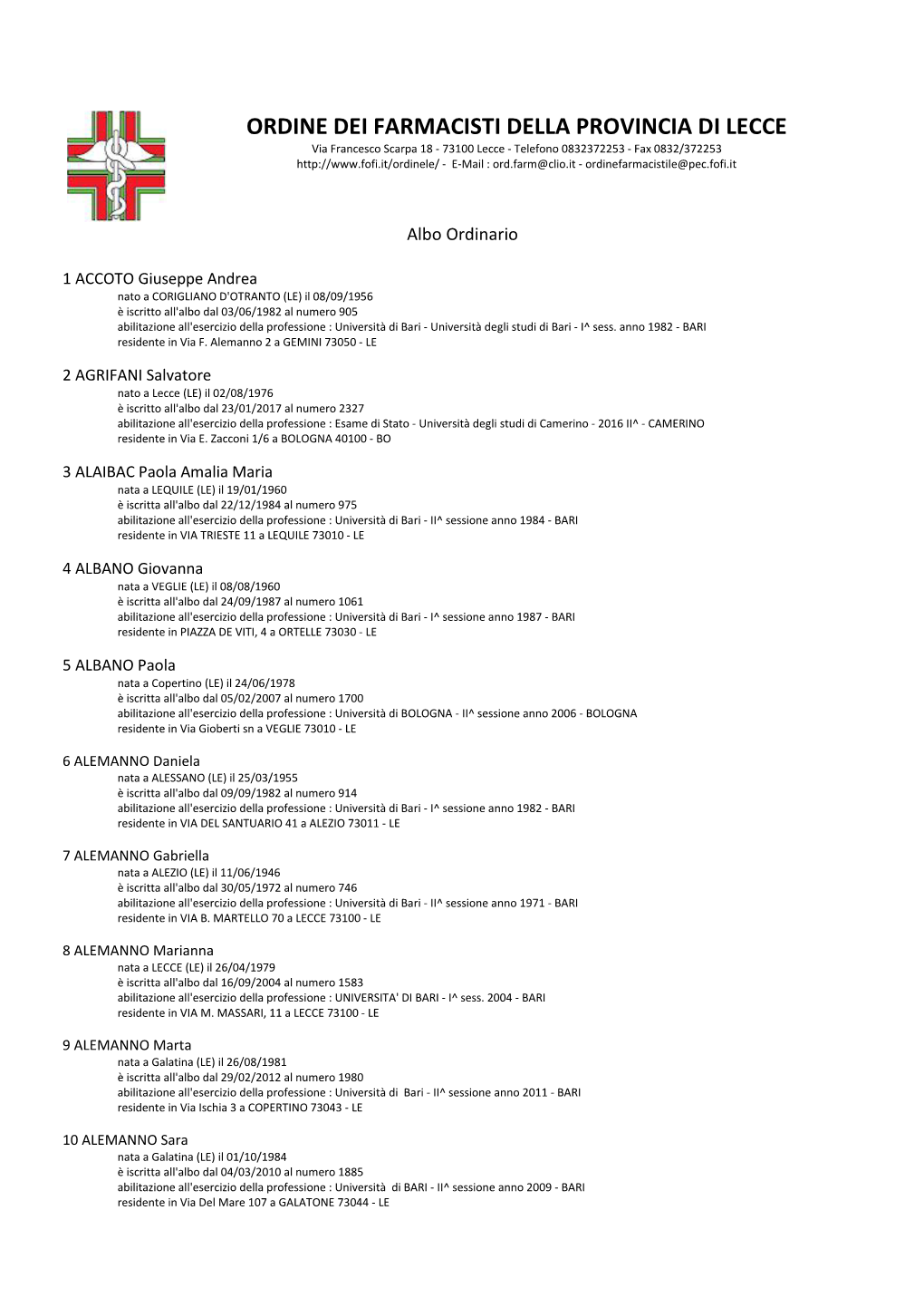 Ordine Dei Farmacisti Della Provincia Di Lecce