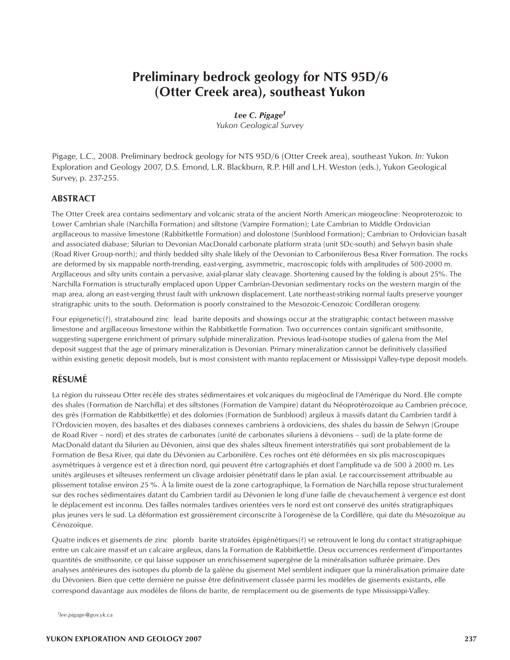 Preliminary Bedrock Geology for NTS 95D/6 (Otter Creek Area), Southeast Yukon L