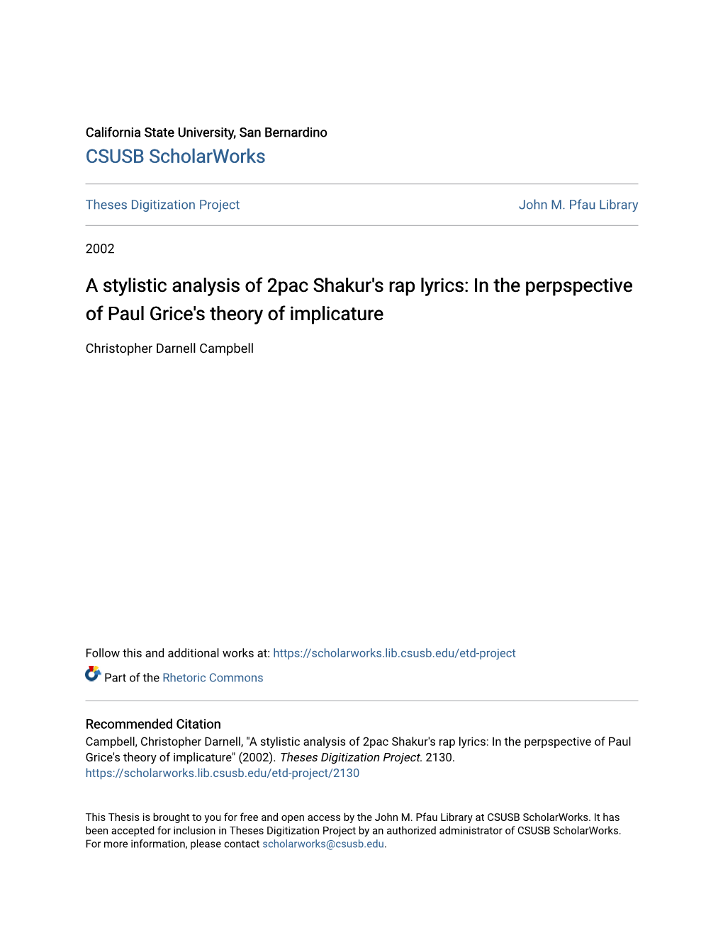 A Stylistic Analysis of 2Pac Shakur's Rap Lyrics: in the Perpspective of Paul Grice's Theory of Implicature