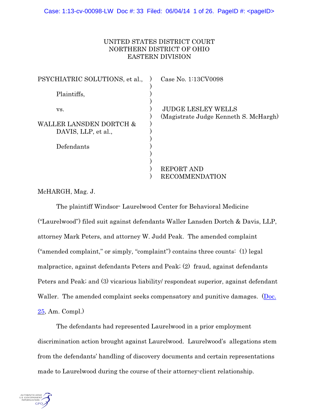 Case: 1:13-Cv-00098-LW Doc #: 33 Filed: 06/04/14 1 of 26. Pageid