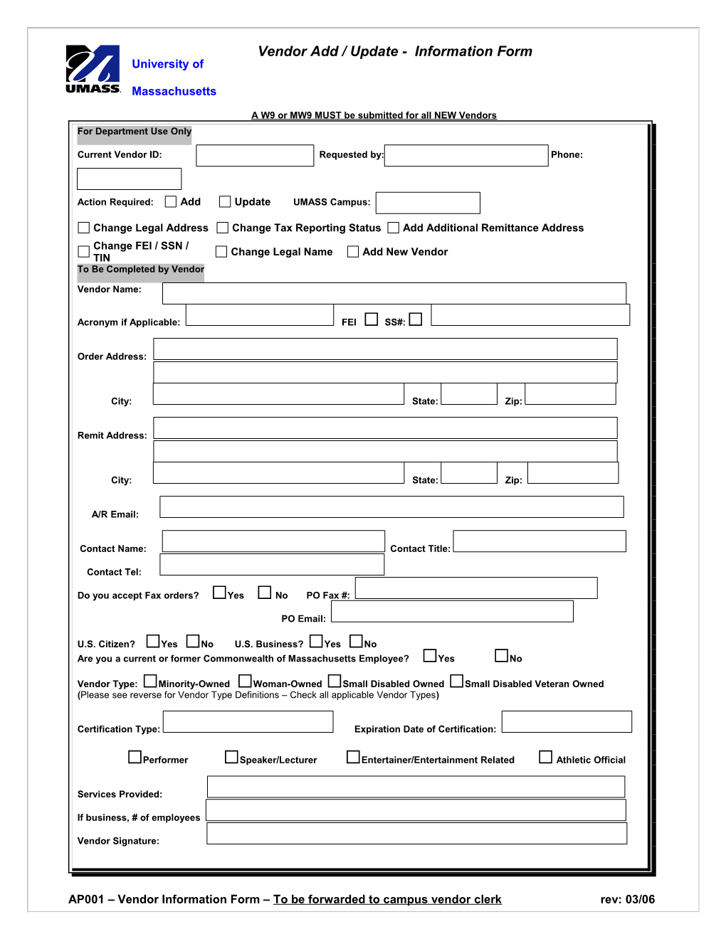 Form Use: Used To Request Vendor Information Not Included On W9 (Commonwealth Of Massachusetts Request For Verification Of Ta