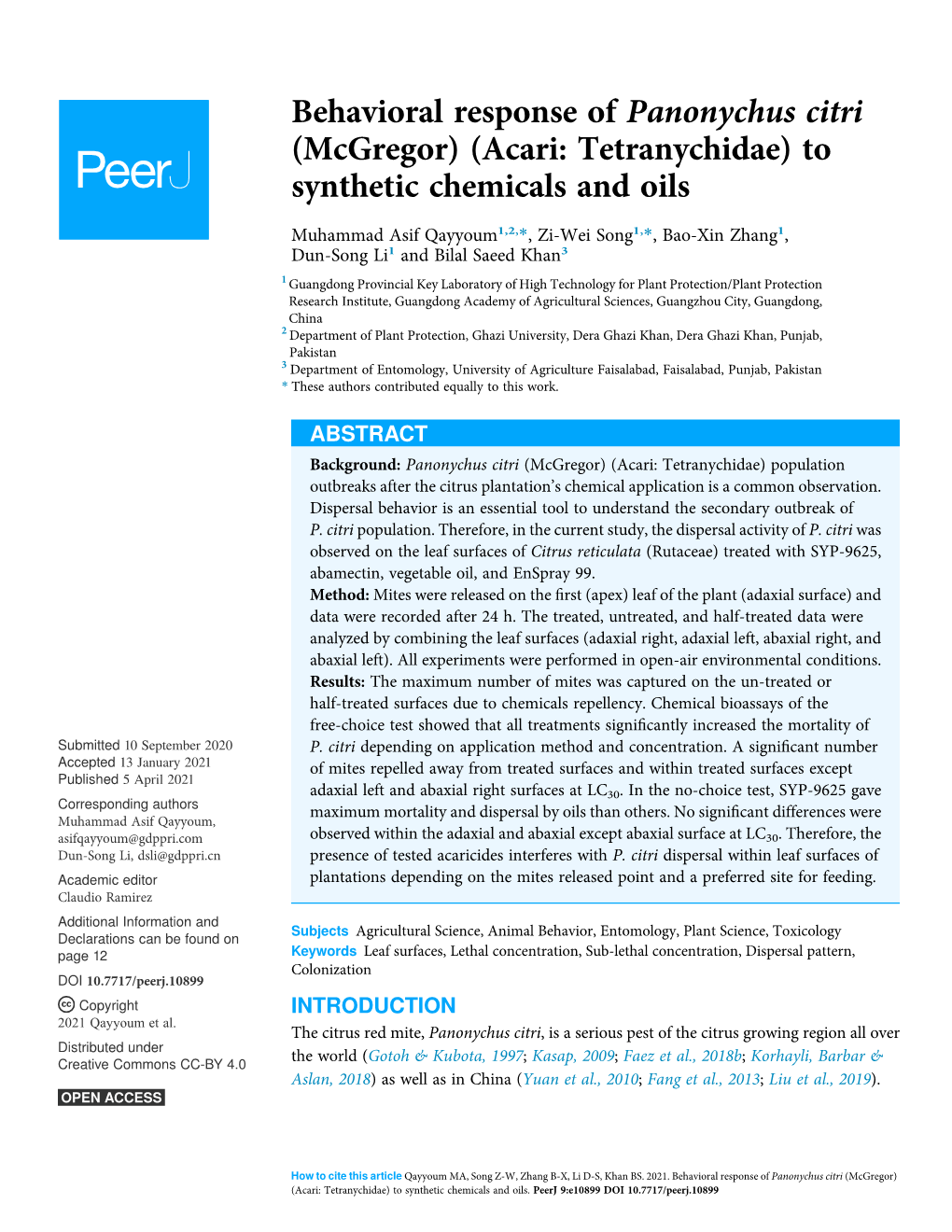 Behavioral Response of Panonychus Citri (Mcgregor) (Acari: Tetranychidae) to Synthetic Chemicals and Oils