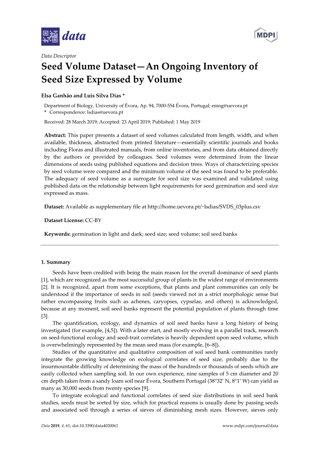 Seed Volume Dataset—An Ongoing Inventory of Seed Size Expressed by Volume