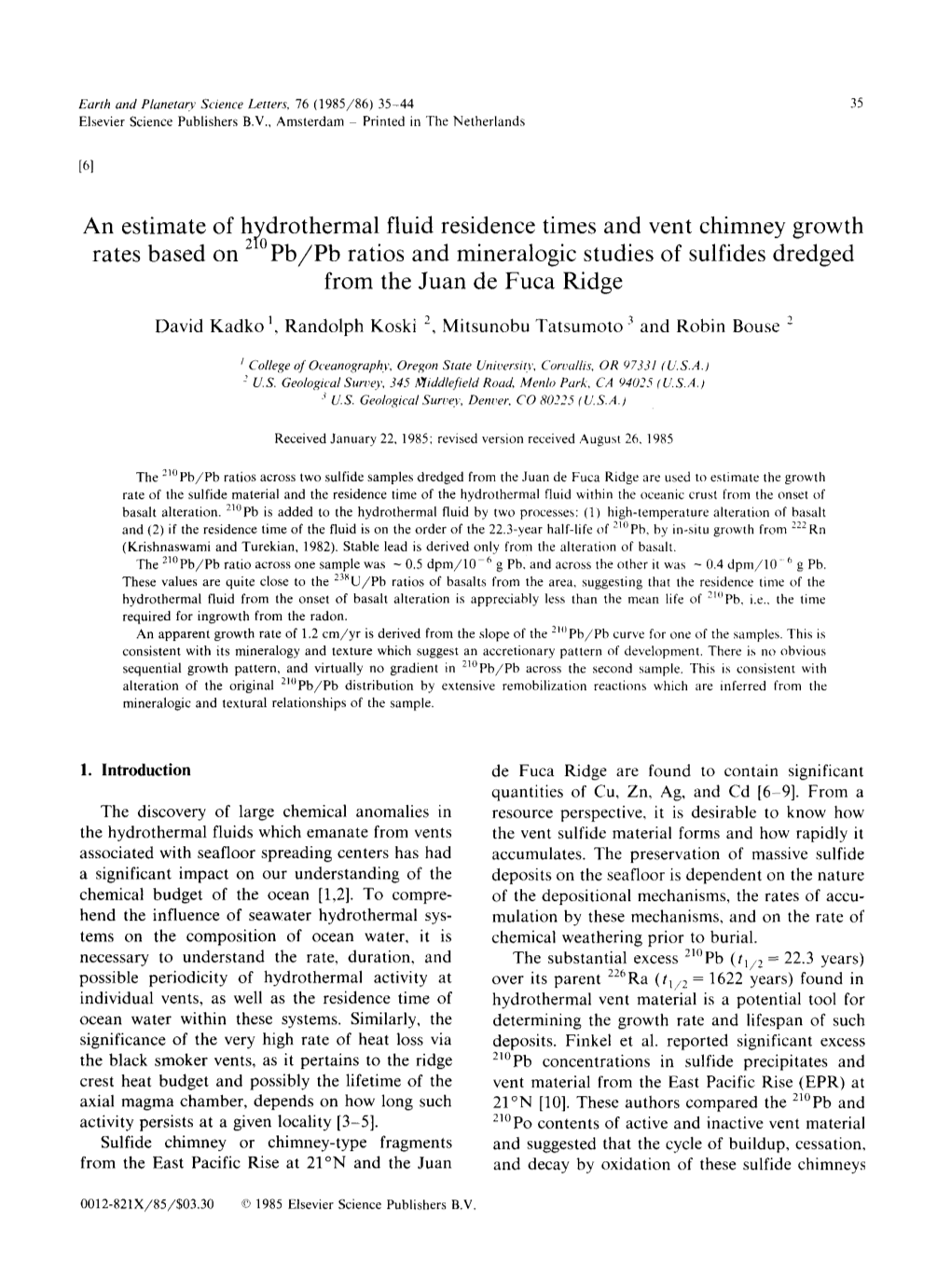 An Estimate of Hydrothermal Fluid Residence Times and Vent Chimney