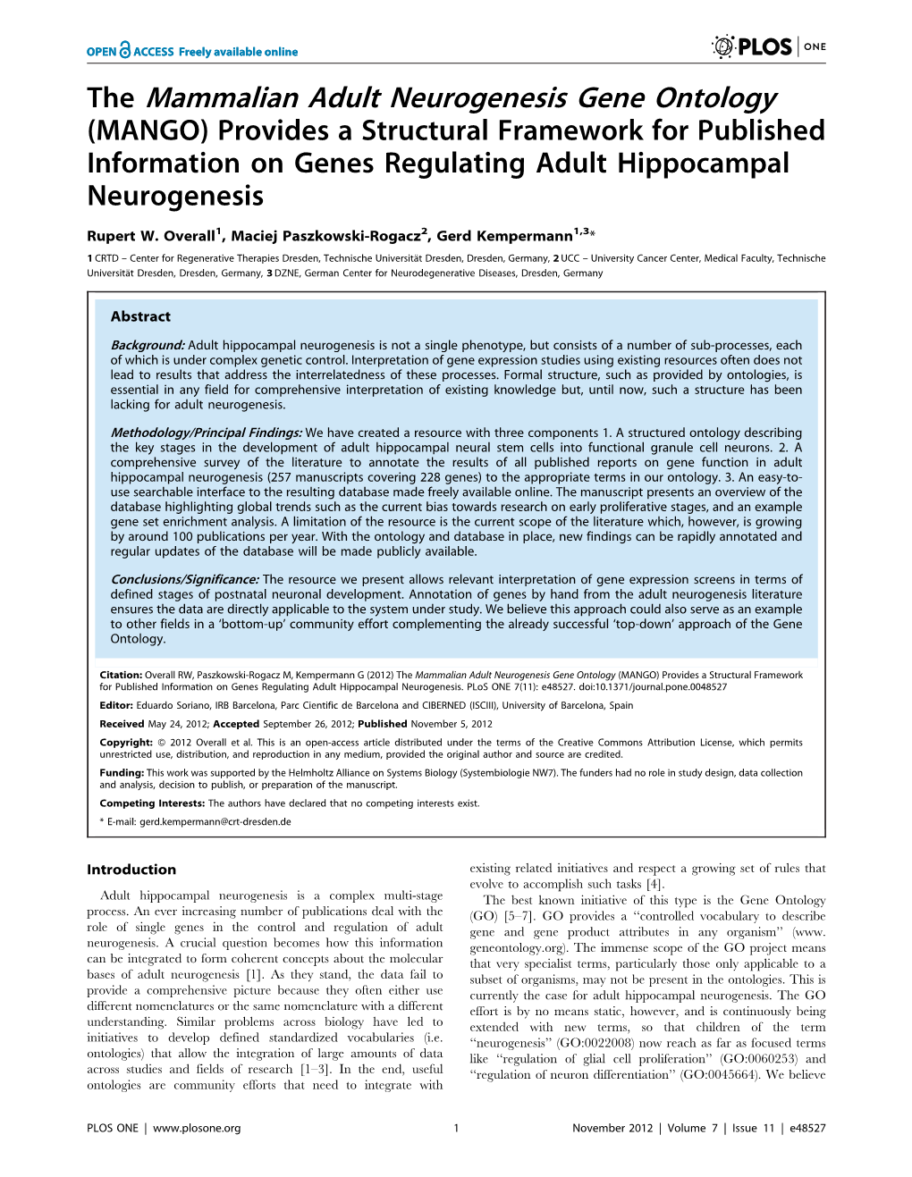 The Mammalian Adult Neurogenesis Gene Ontology (MANGO) Provides a Structural Framework for Published Information on Genes Regulating Adult Hippocampal Neurogenesis