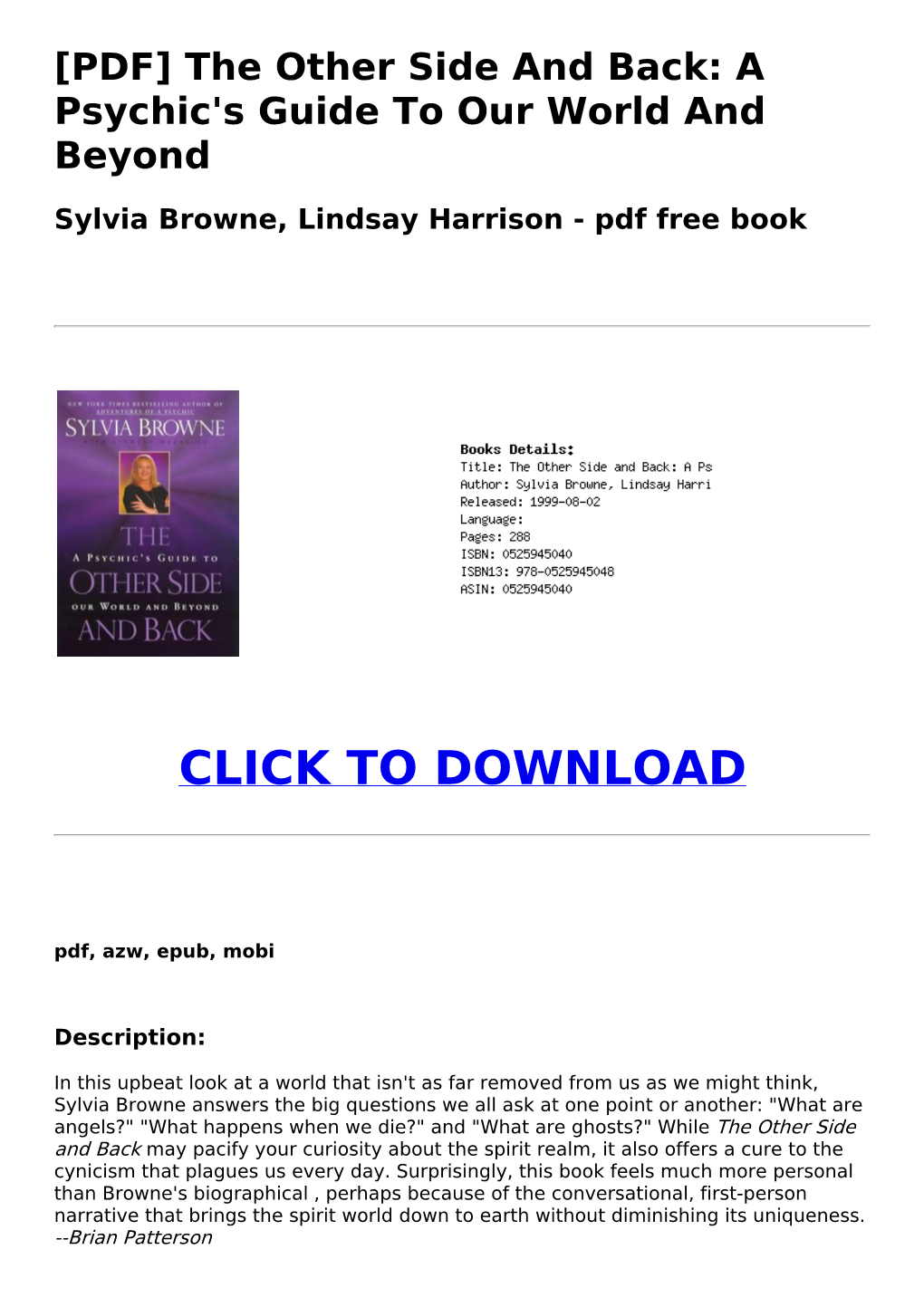 [803632C] [PDF] the Other Side and Back: a Psychic's Guide to Our World and Beyond Sylvia Browne, Lindsay Harrison