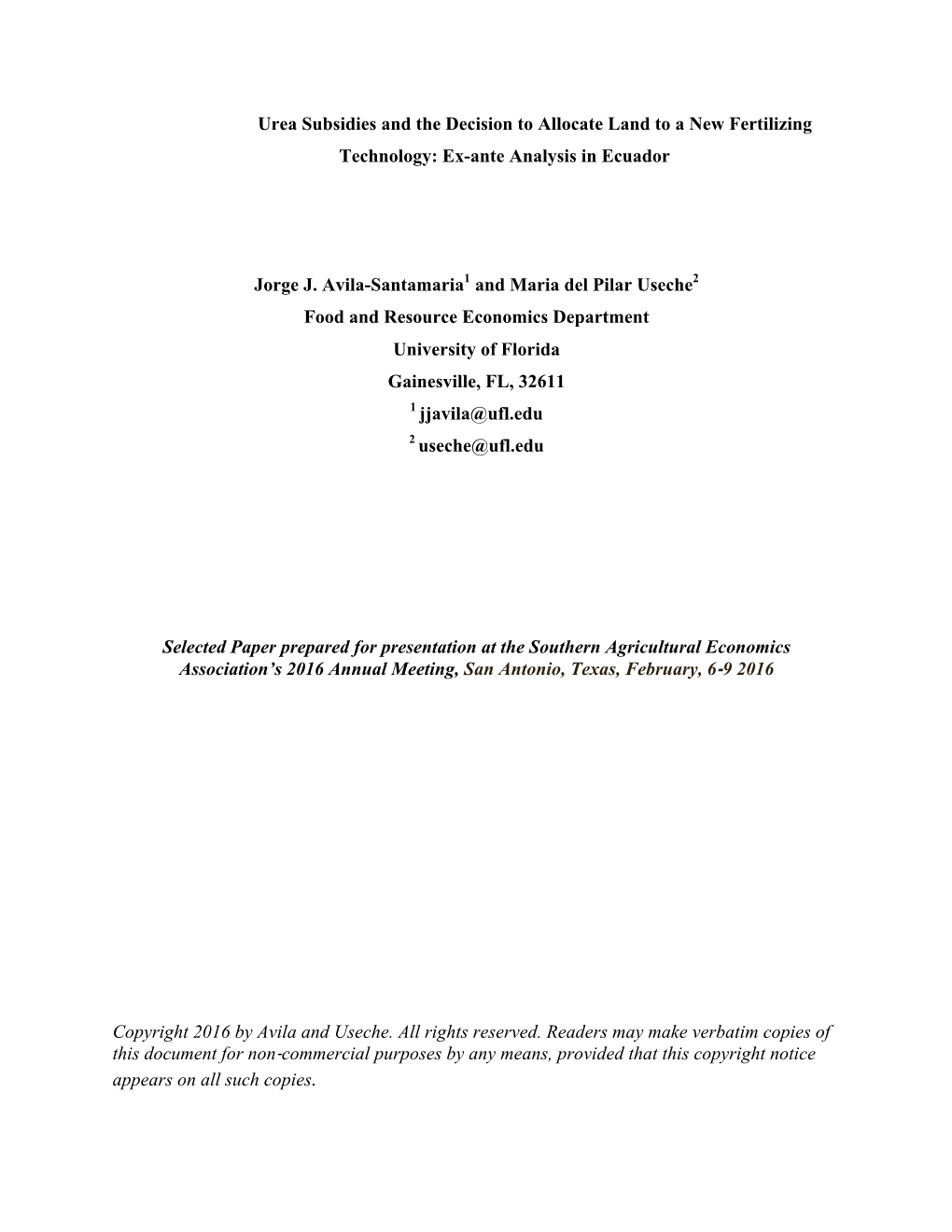 Urea Subsidies and the Decision to Allocate Land to a New Fertilizing Technology: Ex-Ante Analysis in Ecuador