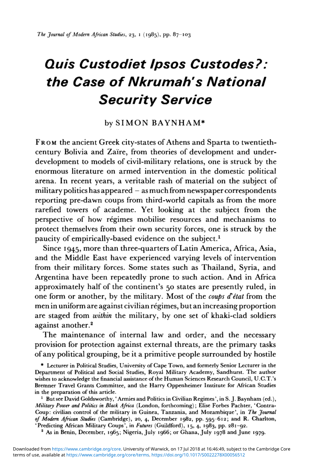 Simon Baynham, 'Quis Custodiet Ipsos Custodes? the Case of Nkrumah's National Security Service'