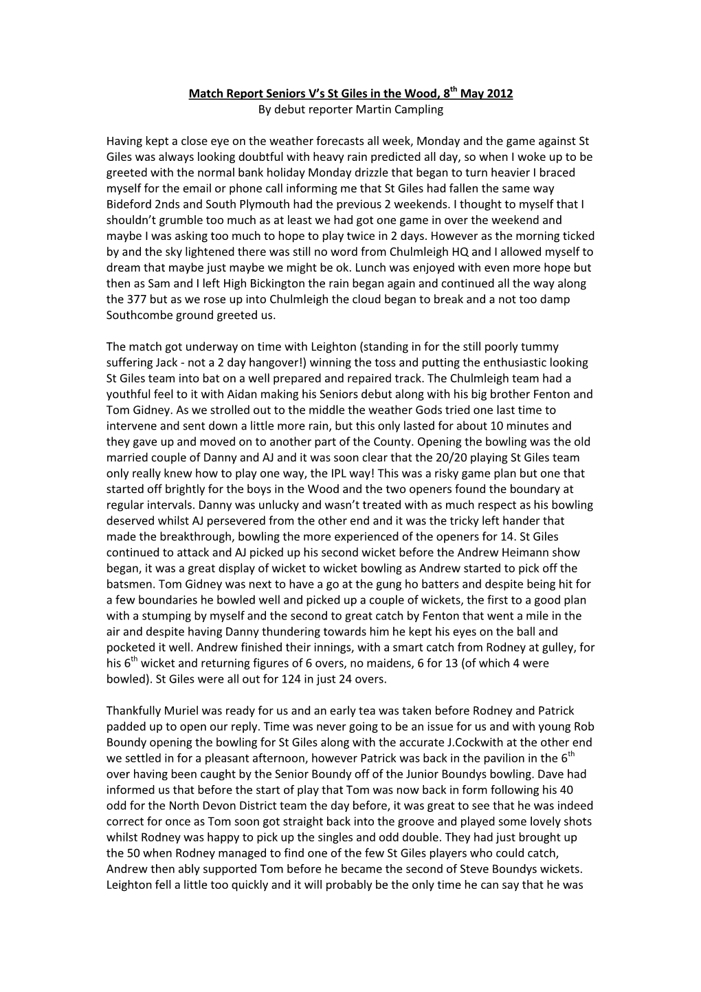 Match Report Seniors V's St Giles in the Wood, 8Th May 2012 by Debut