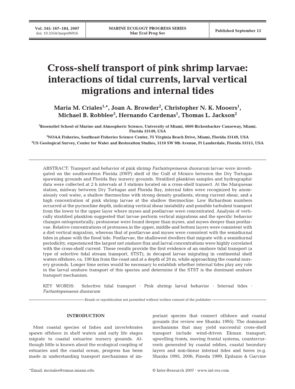 Cross-Shelf Transport of Pink Shrimp Larvae: Interactions of Tidal Currents, Larval Vertical Migrations and Internal Tides