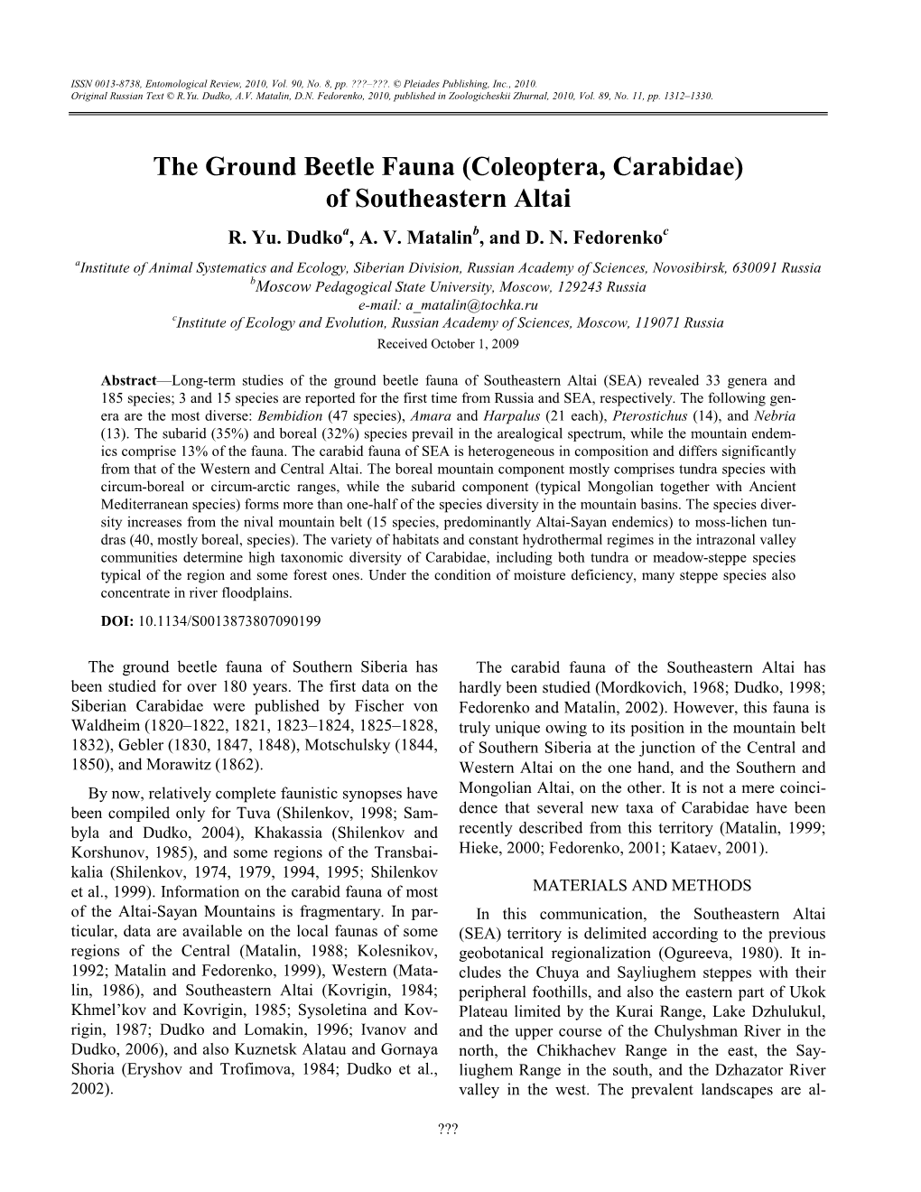 The Ground Beetle Fauna (Coleoptera, Carabidae) of Southeastern Altai R