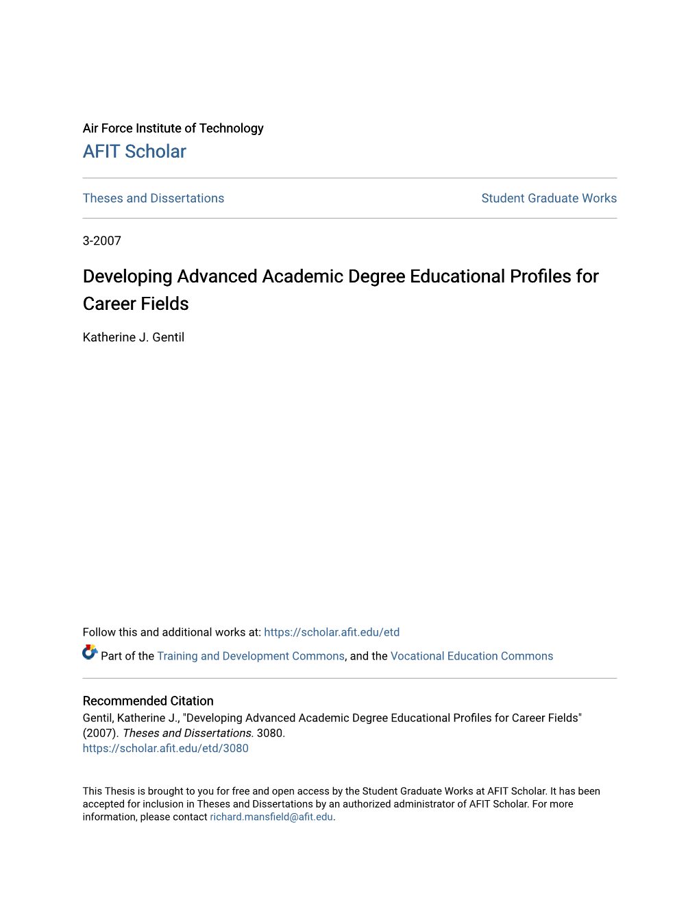 Developing Advanced Academic Degree Educational Profiles for Career Fields