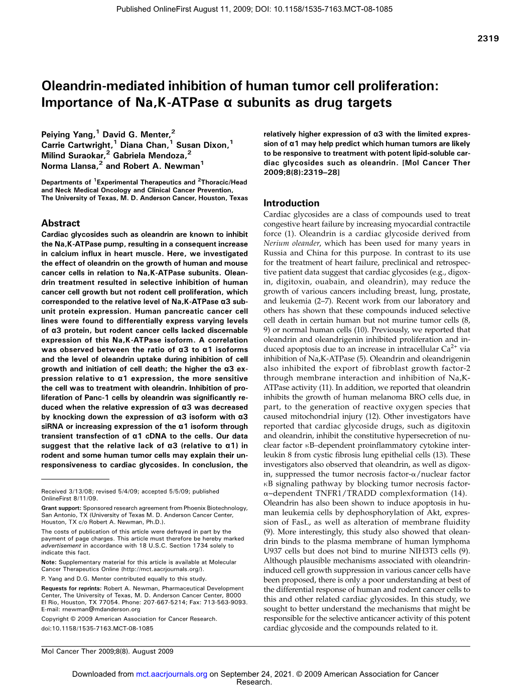 Oleandrin-Mediated Inhibition of Human Tumor Cell Proliferation: Importance of Na,K-Atpase Α Subunits As Drug Targets