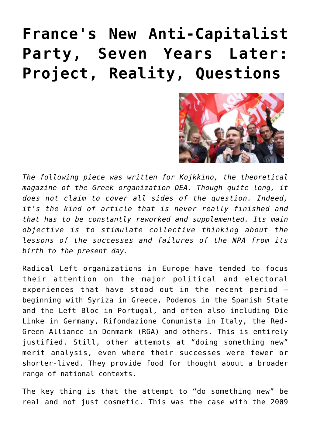 S New Anti-Capitalist Party, Seven Years Later: Project, Reality, Questions