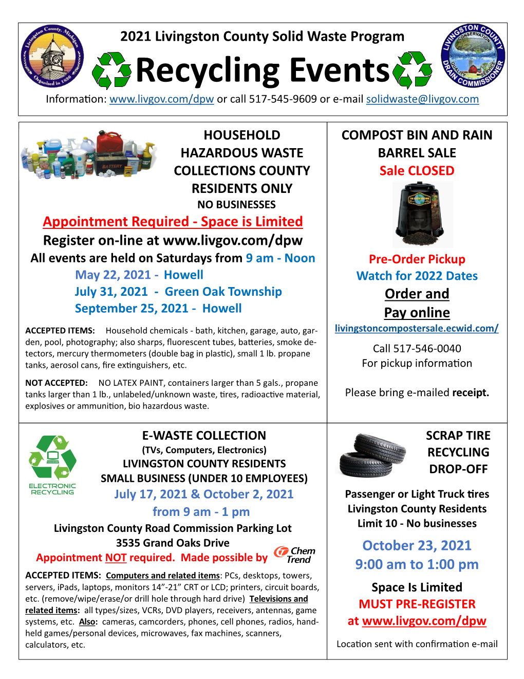 2021 Livingston County Solid Waste Program Recycling Events Information: Or Call 517-545-9609 Or E-Mail Solidwaste@Livgov.Com