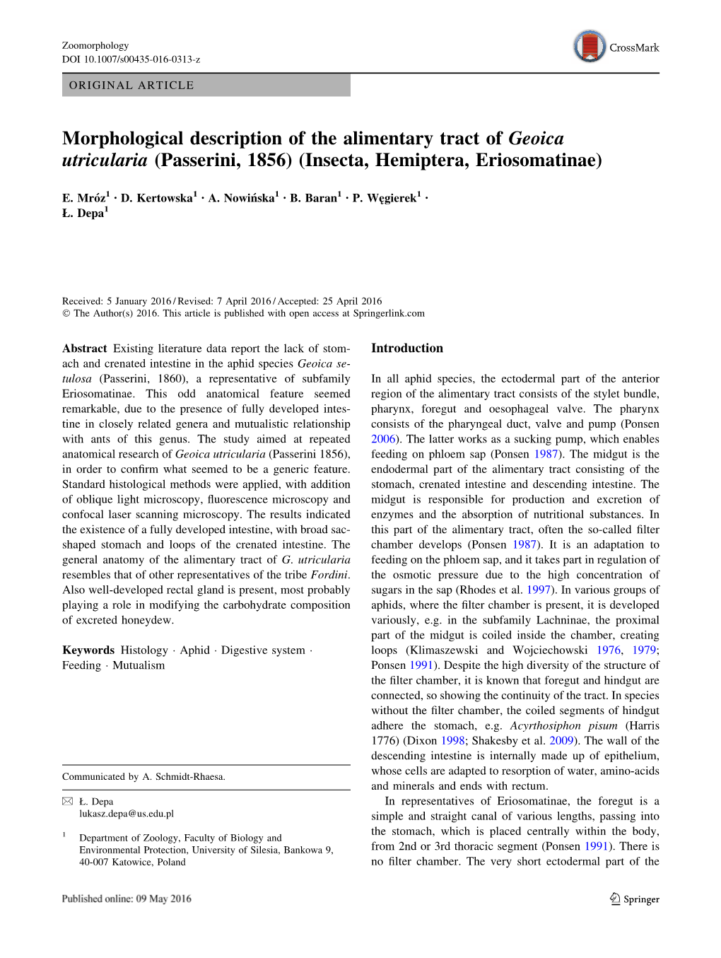 Morphological Description of the Alimentary Tract of Geoica Utricularia (Passerini, 1856) (Insecta, Hemiptera, Eriosomatinae)