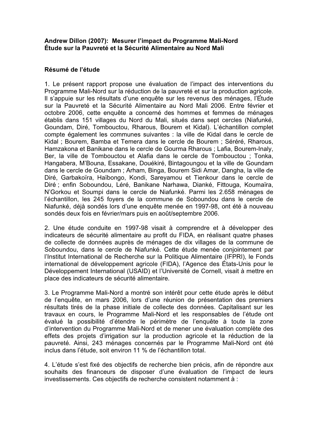 Andrew Dillon (2007): Mesurer L'impact Du Programme Mali-Nord Étude Sur La Pauvreté Et La Sécurité Alimentaire Au Nord M