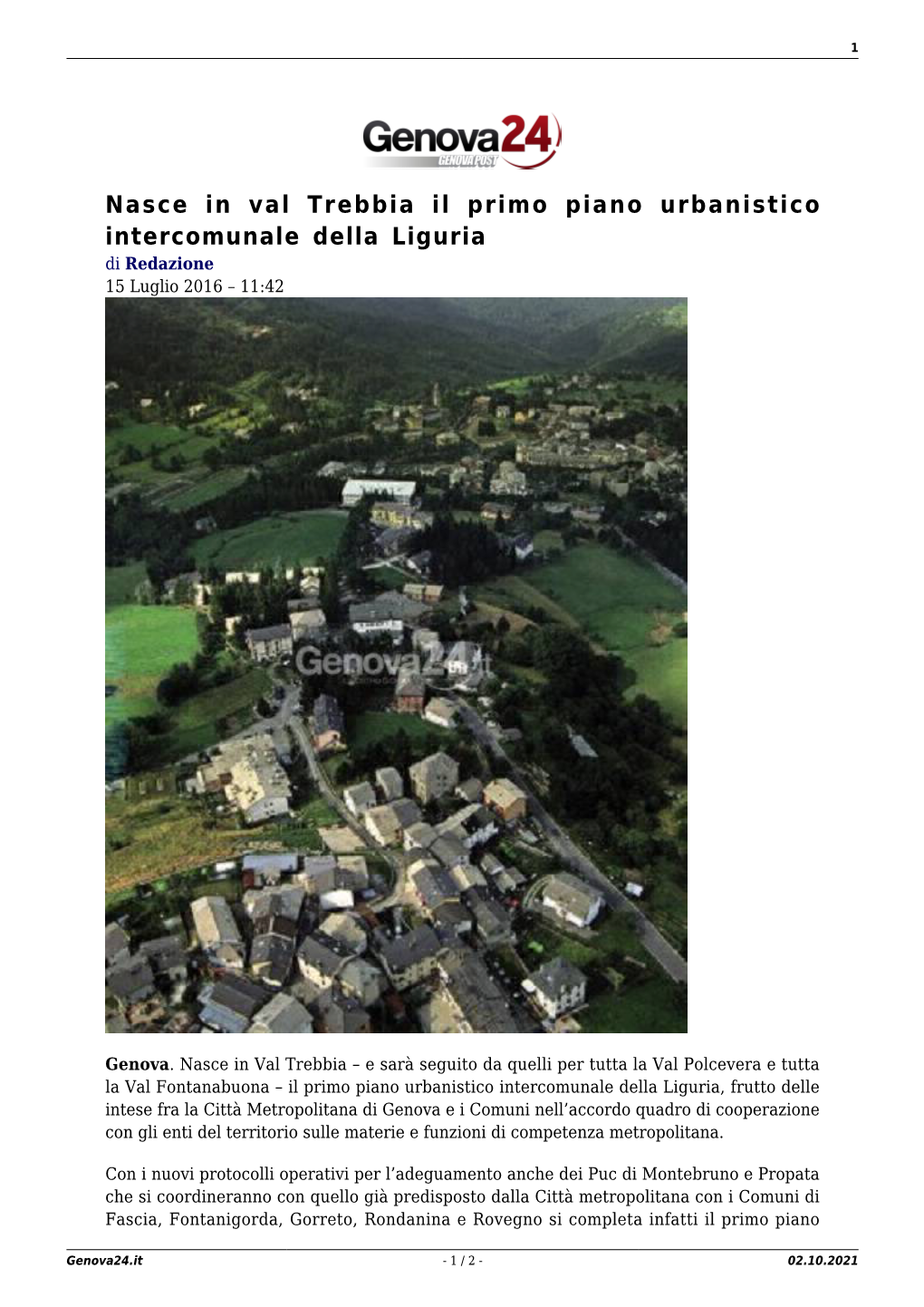 Nasce in Val Trebbia Il Primo Piano Urbanistico Intercomunale Della Liguria Di Redazione 15 Luglio 2016 – 11:42