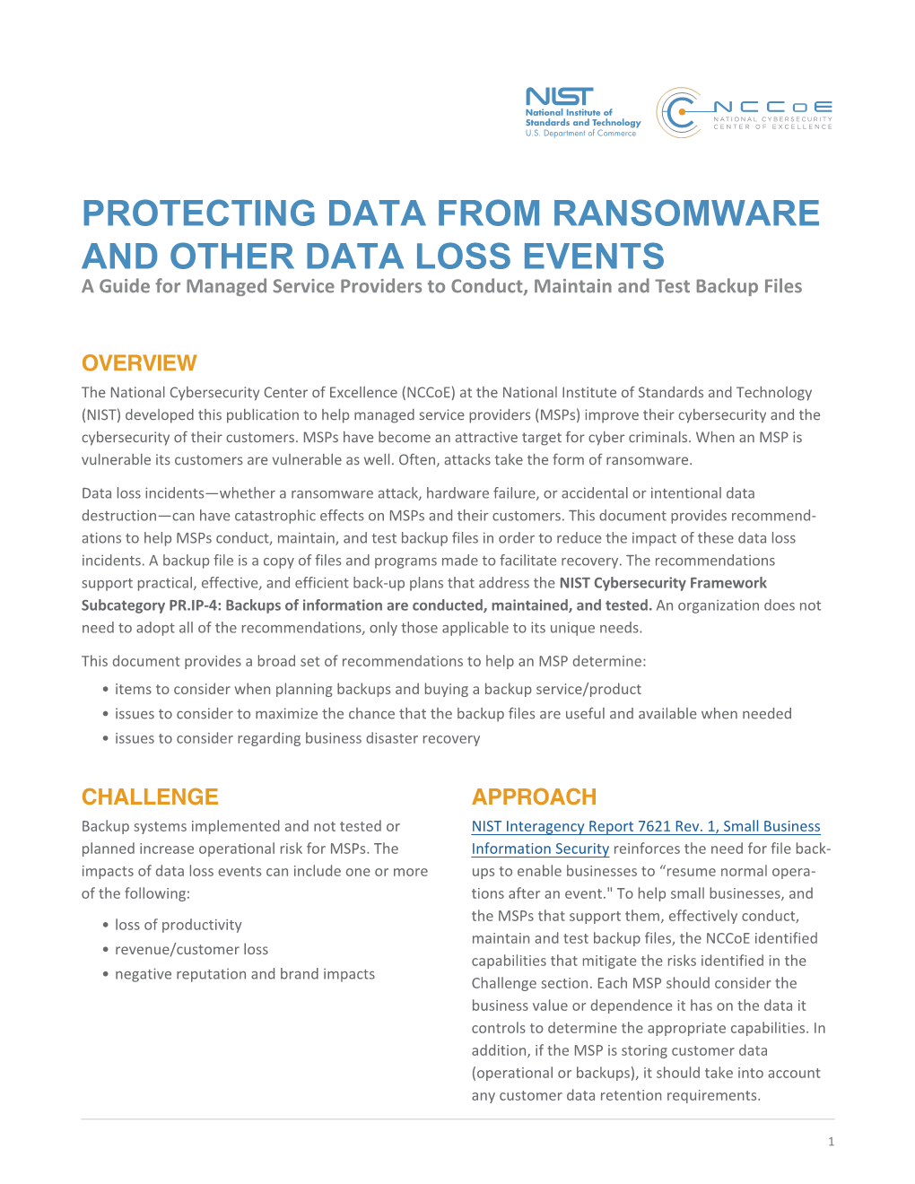 PROTECTING DATA from RANSOMWARE and OTHER DATA LOSS EVENTS a Guide for Managed Service Providers to Conduct, Maintain and Test Backup Files