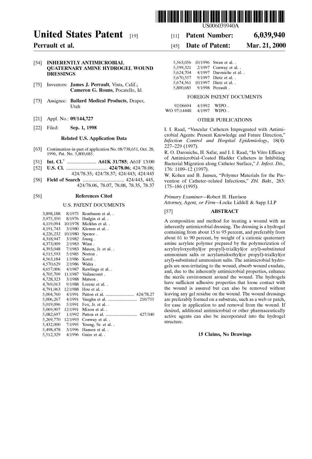 United States Patent (19) 11 Patent Number: 6,039,940 Perrault Et Al