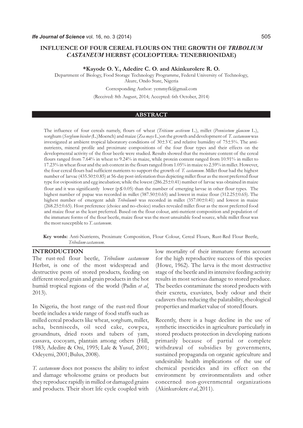 Influence of Four Cereal Flours on the Growth of Tribolium Castaneum Herbst (Coleoptera: Tenebrionidae)