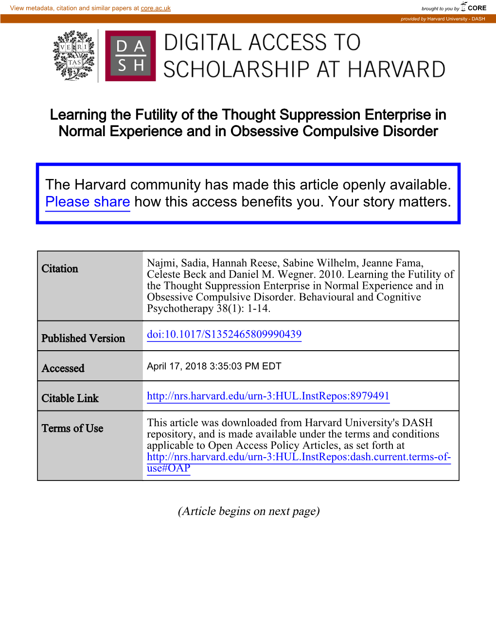 Learning the Futility of the Thought Suppression Enterprise in Normal Experience and in Obsessive Compulsive Disorder the Harvar
