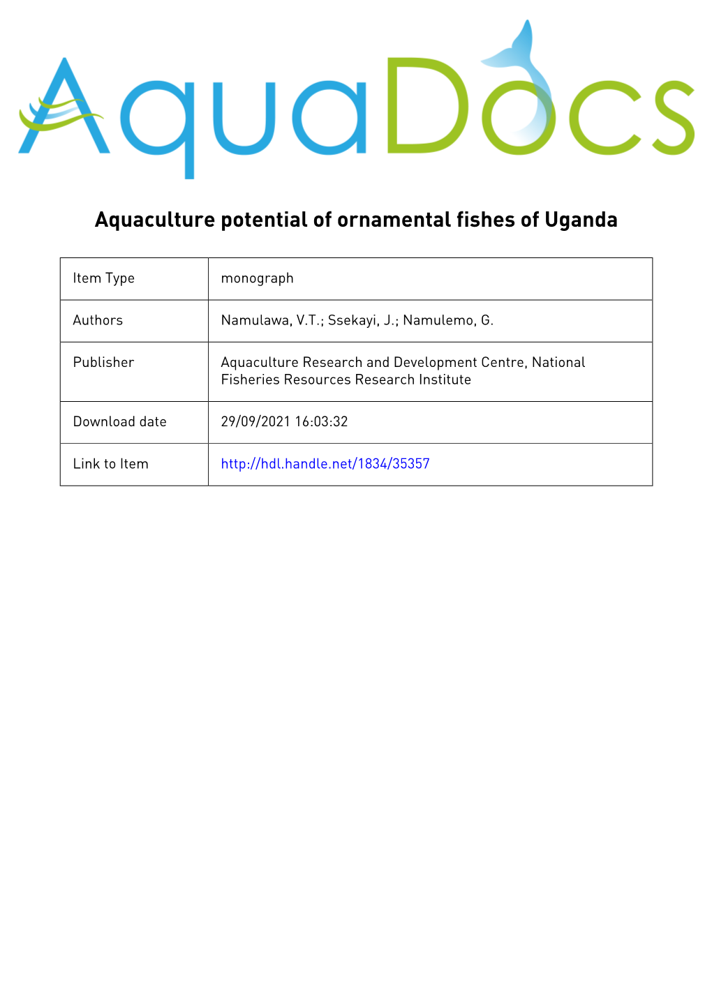 Aquaculture Potential of Ornamental Fishes of Uganda