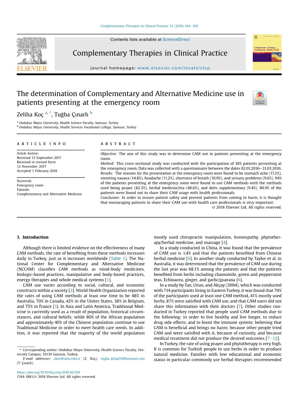 The Determination of Complementary and Alternative Medicine Use in Patients Presenting at the Emergency Room