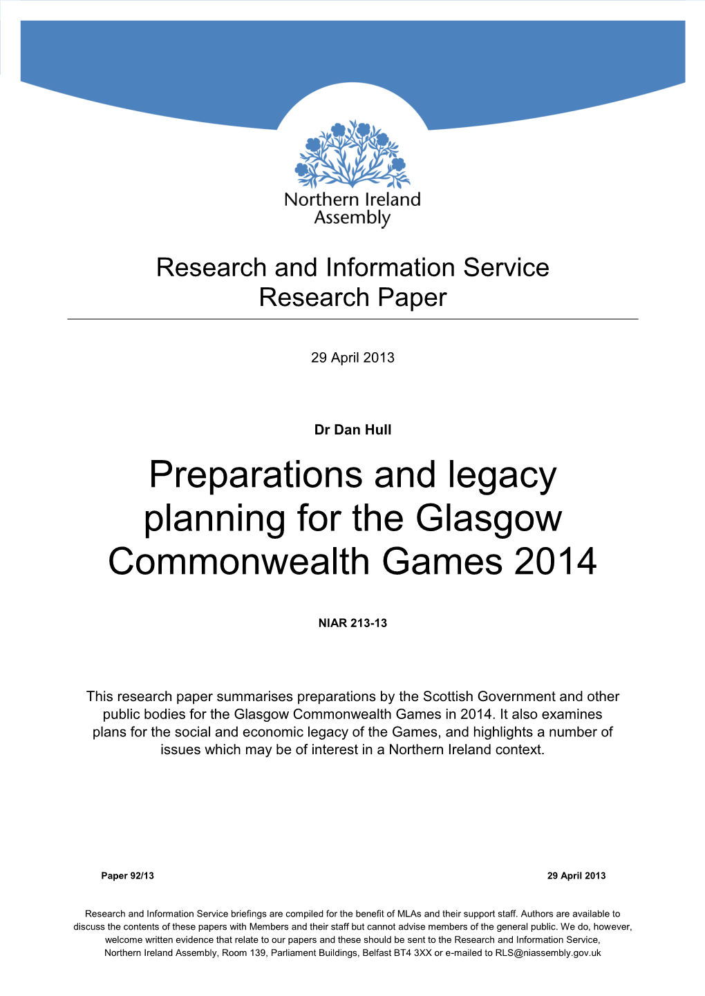 Preparations and Legacy Planning for the Glasgow Commonwealth Games 2014