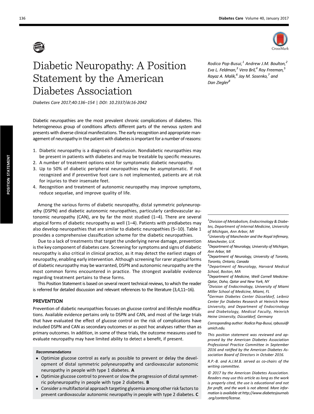 Diabetic Neuropathy: a Position Statement by the American