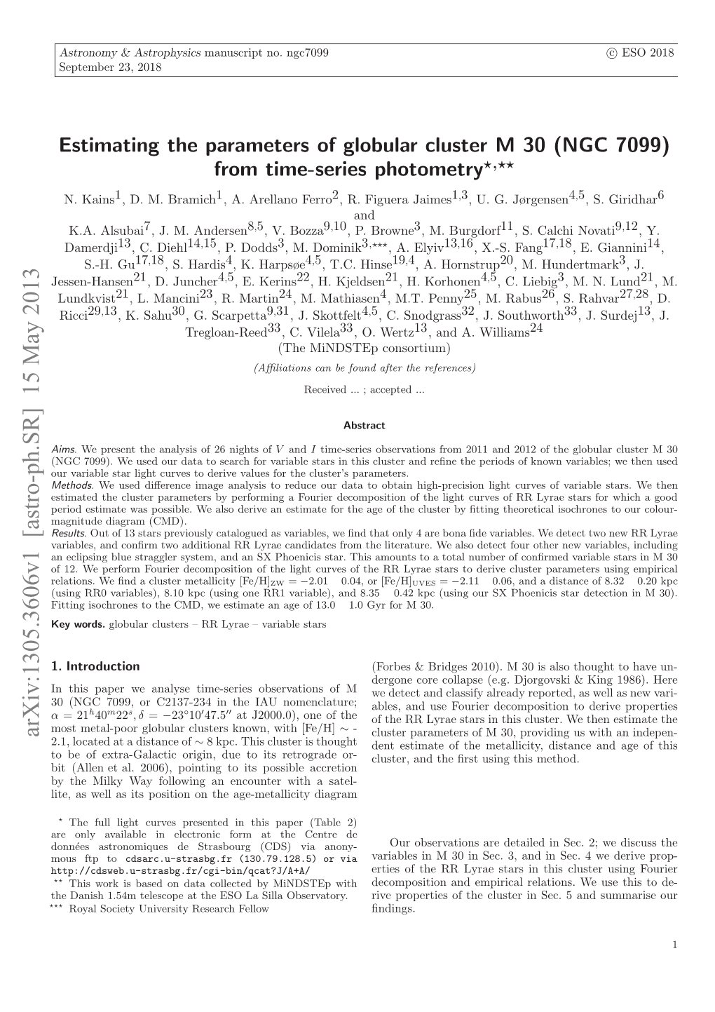 Estimating the Parameters of Globular Cluster M 30 (NGC 7099) from Time-Series Photometry