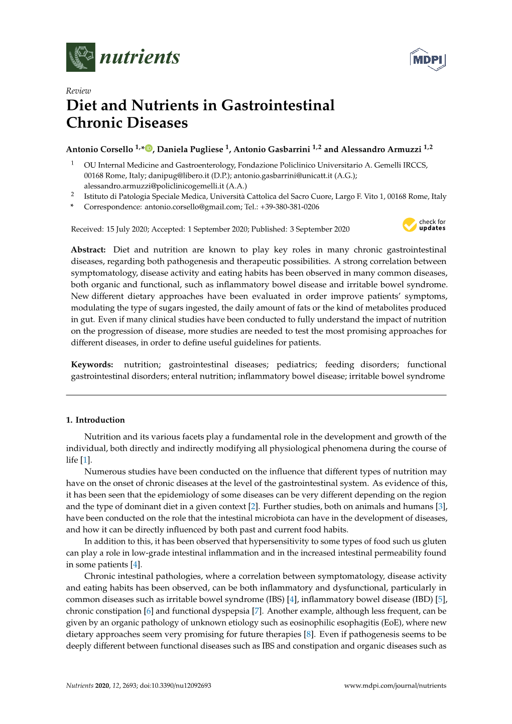 Diet and Nutrients in Gastrointestinal Chronic Diseases