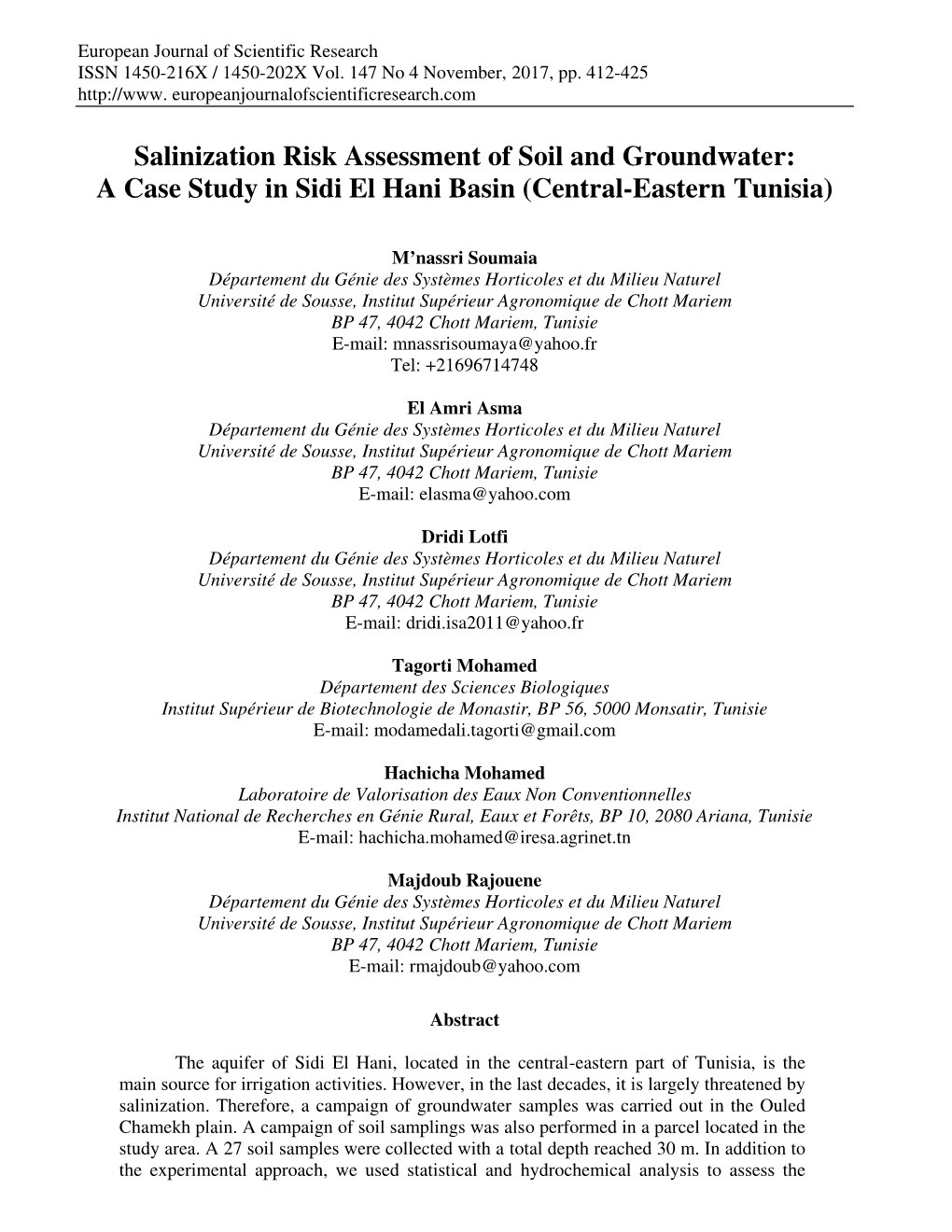 Salinization Risk Assessment of Soil and Groundwater: a Case Study in Sidi El Hani Basin (Central-Eastern Tunisia)