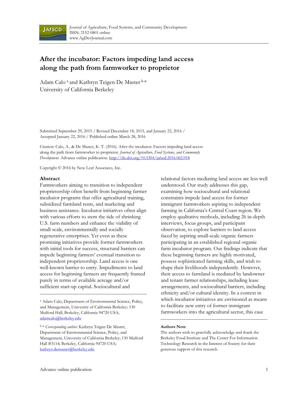 After the Incubator: Factors Impeding Land Access Along the Path from Farmworker to Proprietor