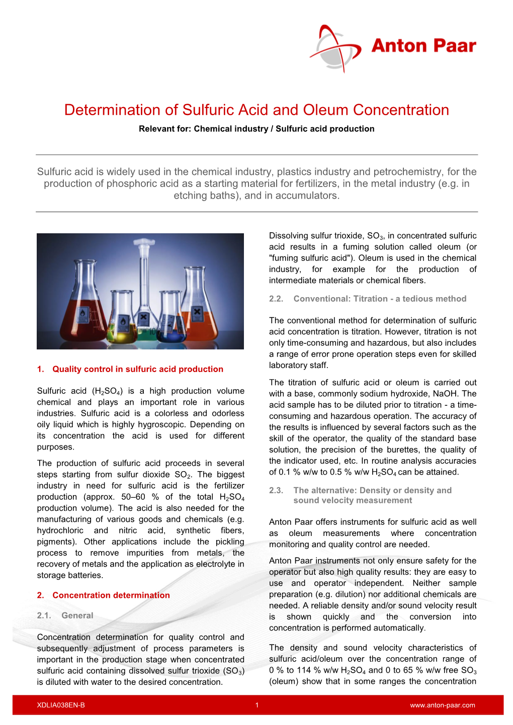 Determination of Sulfuric Acid and Oleum Concentration Relevant For: Chemical Industry / Sulfuric Acid Production