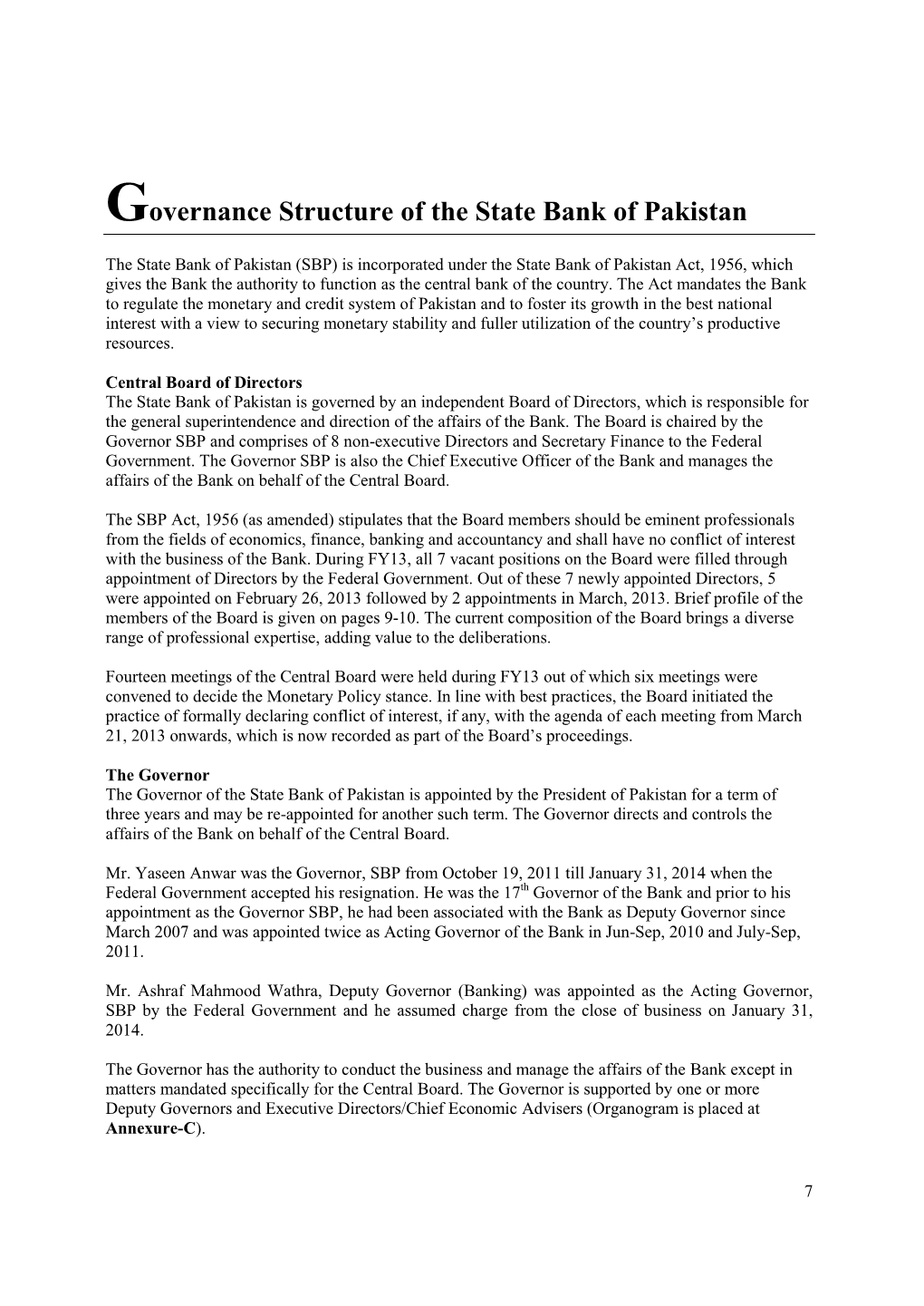 Governance Structure of the State Bank of Pakistan