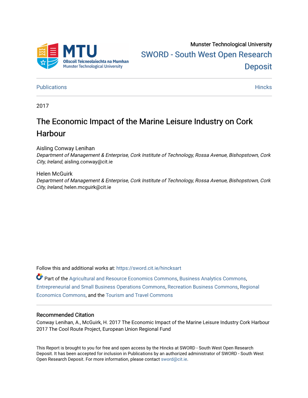 The Economic Impact of the Marine Leisure Industry on Cork Harbour