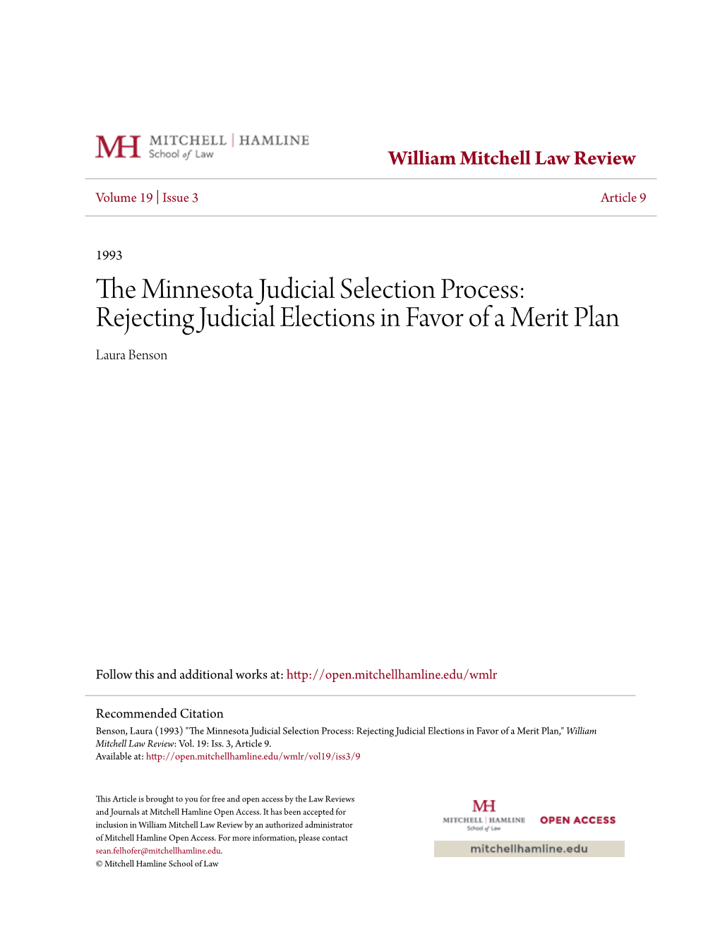 The Minnesota Judicial Selection Process: Rejecting Judicial Elec