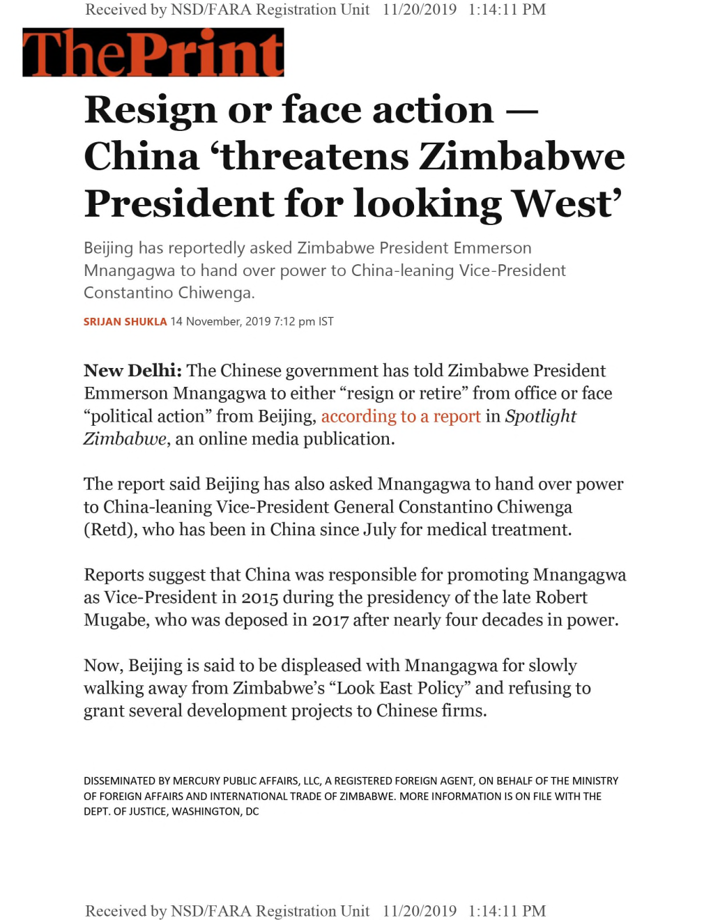 China ‘Threatens Zimbabwe President for Looking West’